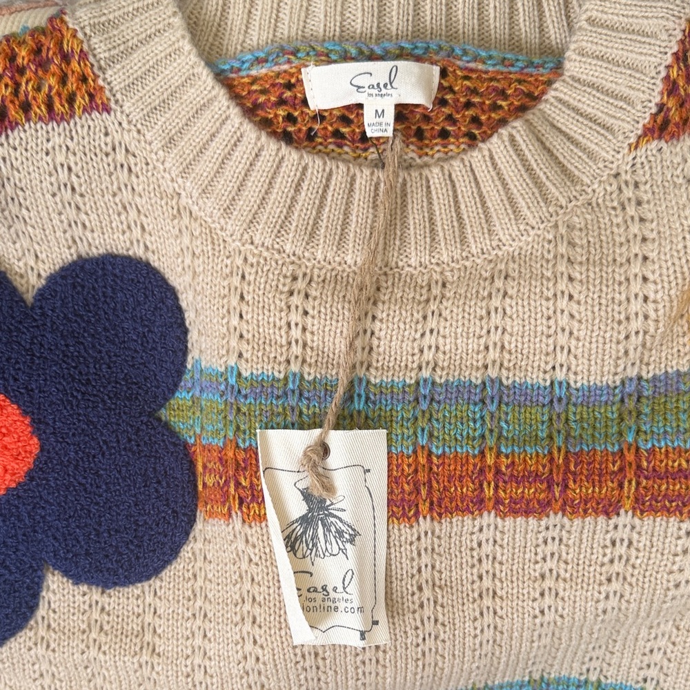 Easel Medium Floral Appliqué Crewneck Sweater in Beige - Picture 7 of 8